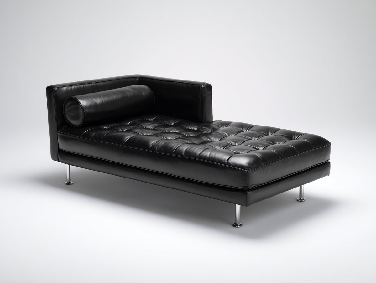 Chaise longue - cuir-métal - 188x84x76 cm - noir-argenté - style moderne capitonné