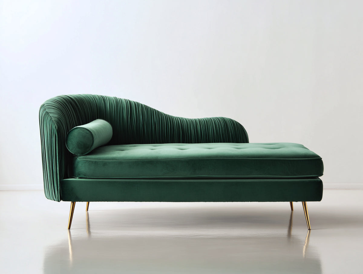 Chaise longue - velours-métal - 189x81x87 cm - vert émeraude-doré - style contemporain glamour