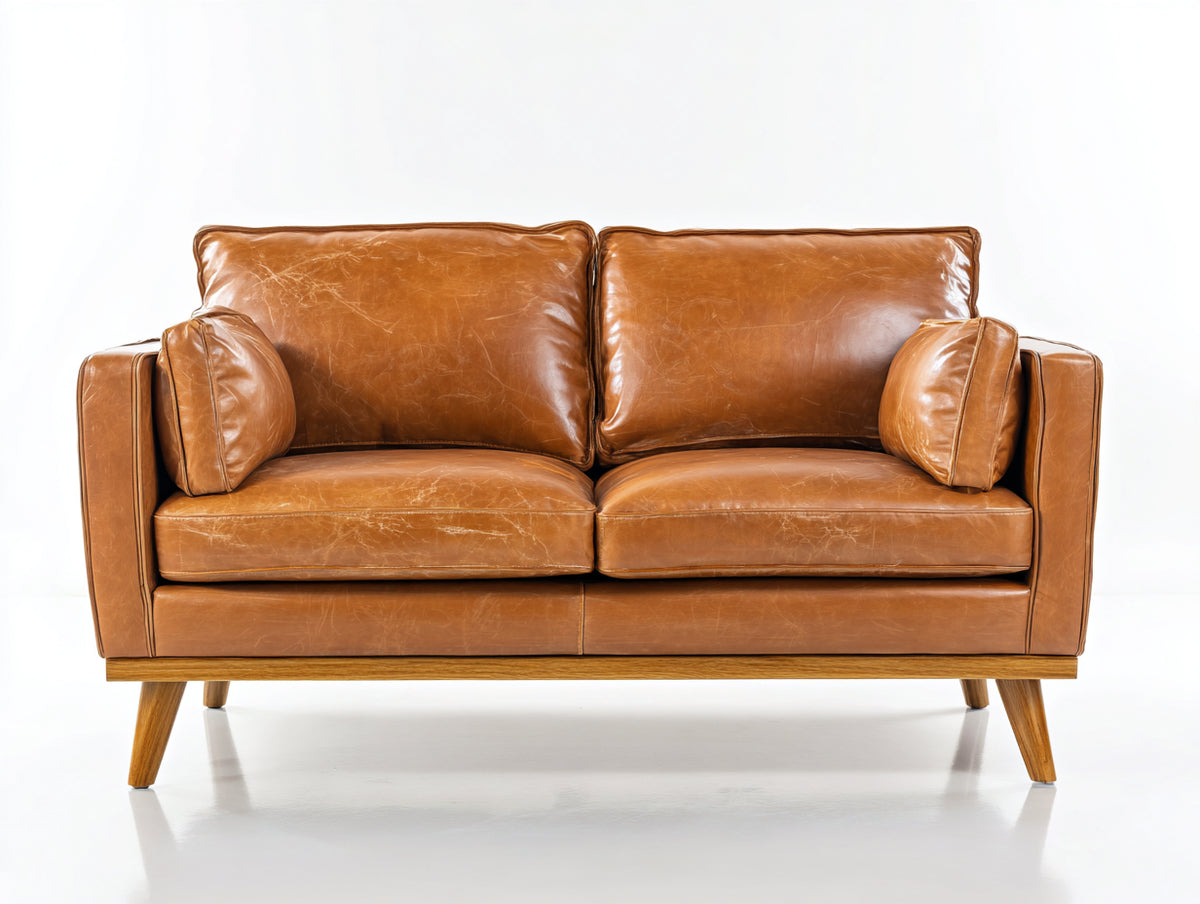 Canapé 2 places - cuir - 180x87x82 cm - cognac clair - style moderne mid-century