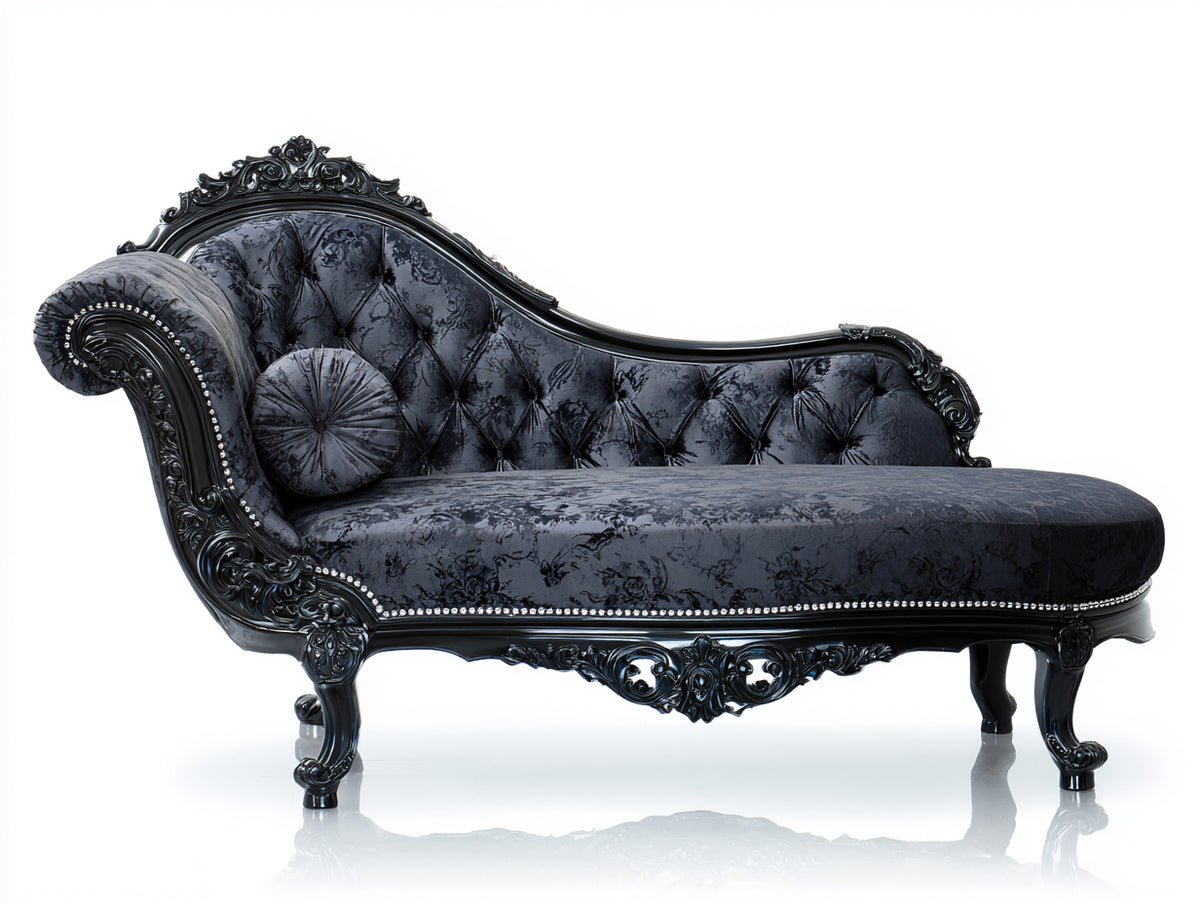 Chaise longue - velours-bois - 184x78x102 cm - noir anthracite-noir - style baroque gothique