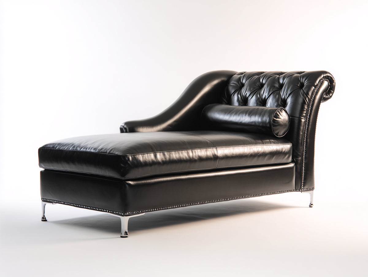 Chaise longue - cuir-métal - 185x82x91 cm - noir-argenté - style Chesterfield contemporain