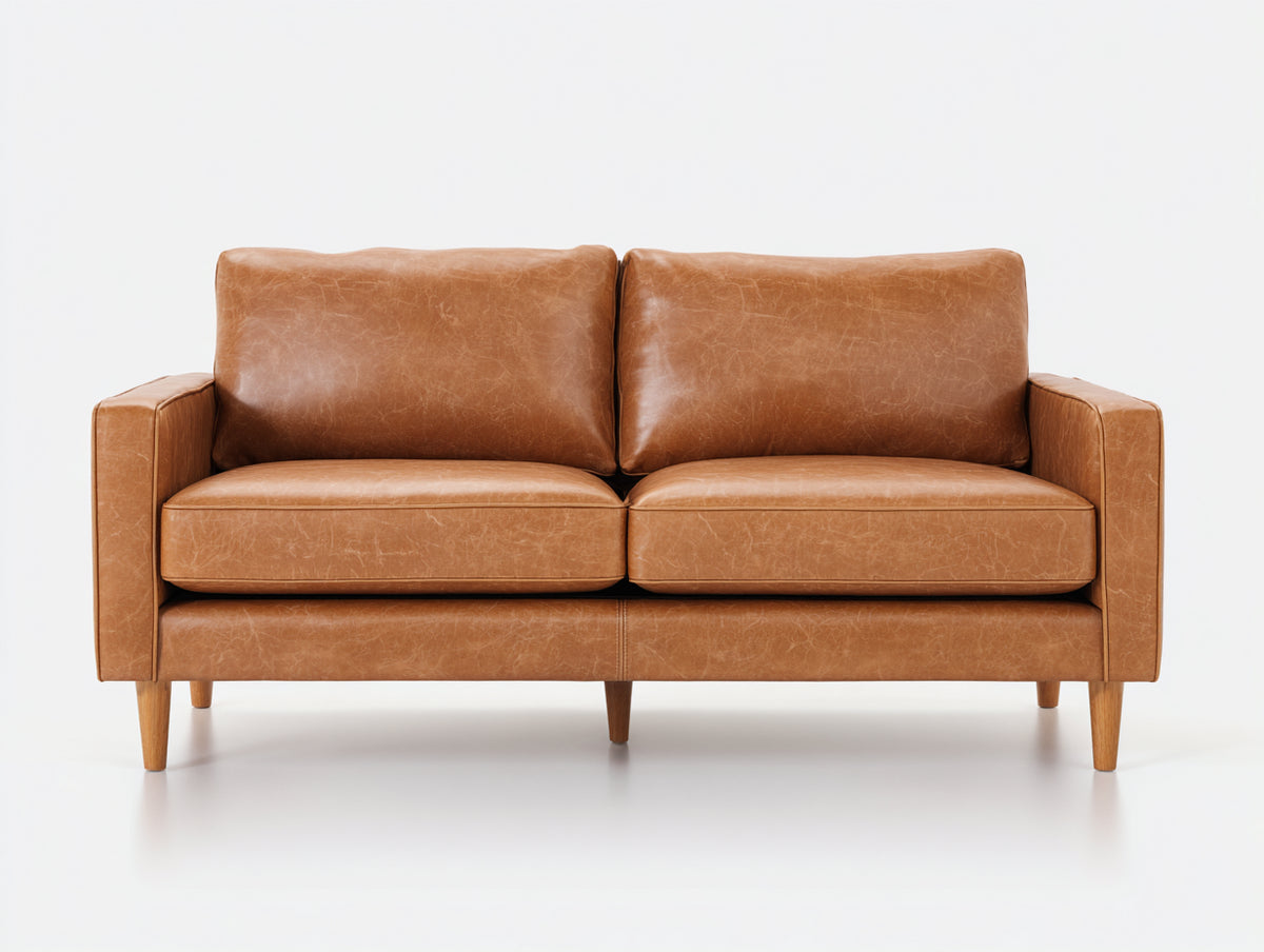 Canapé 2 places - cuir - 185x84x79 cm - camel - style minimaliste mid-century