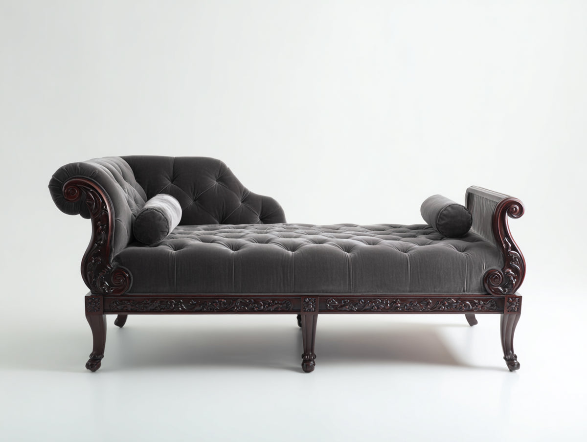 Chaise longue - velours-bois - 198x84x92 cm - gris anthracite-brun foncé - style classique sculpté