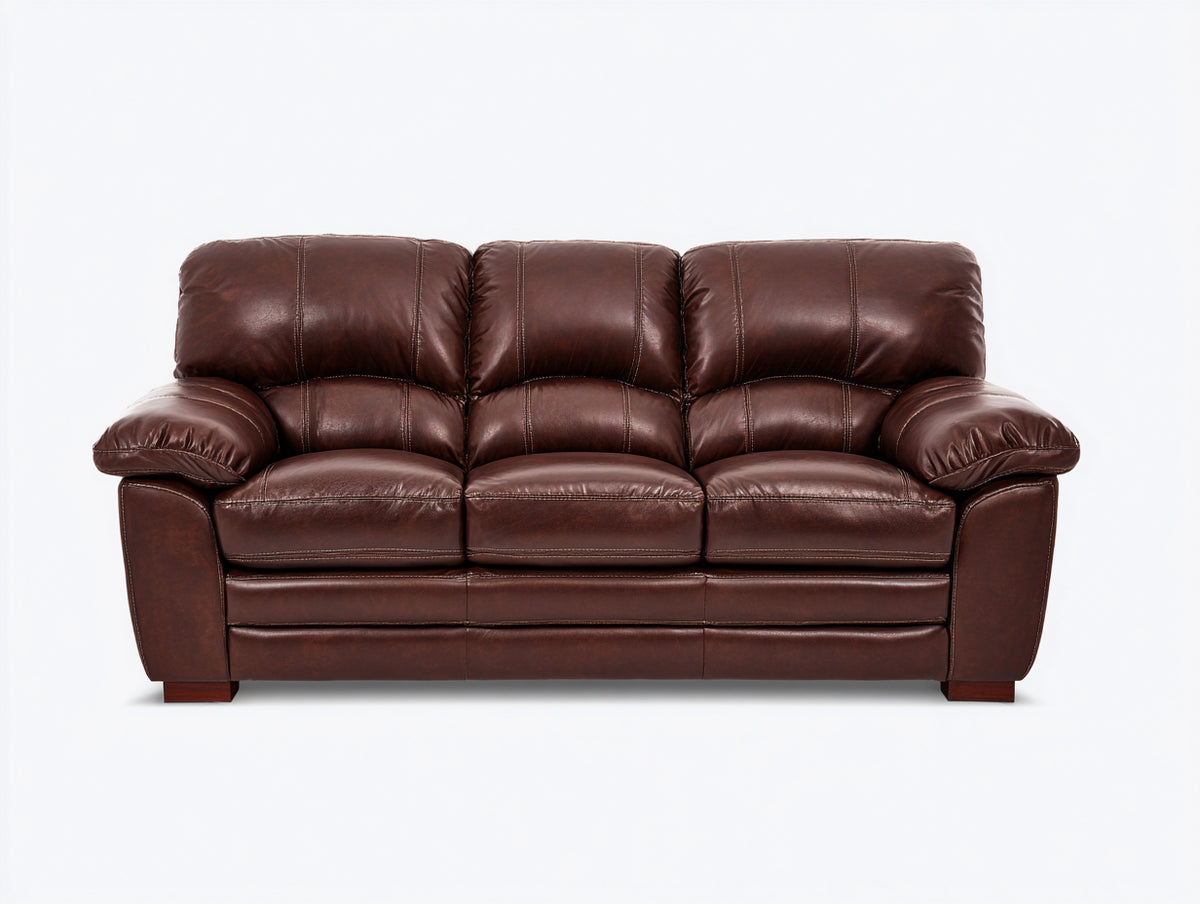 Canapé 3 places - Cuir - 209 x 95 x 93 cm - Marron acajou - Style contemporain compact