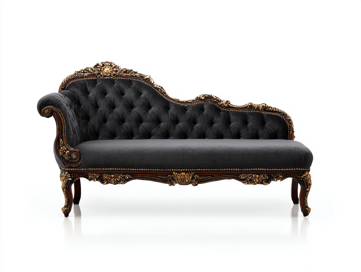 Chaise longue - velours-bois - 182x79x103 cm - gris anthracite-brun - style baroque classique