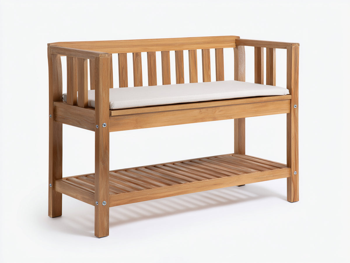 Banc de jardin - Bois-Tissu - 146 x 59 x 88 cm - Bois naturel-Crème - Style minimaliste avec rangement bas
