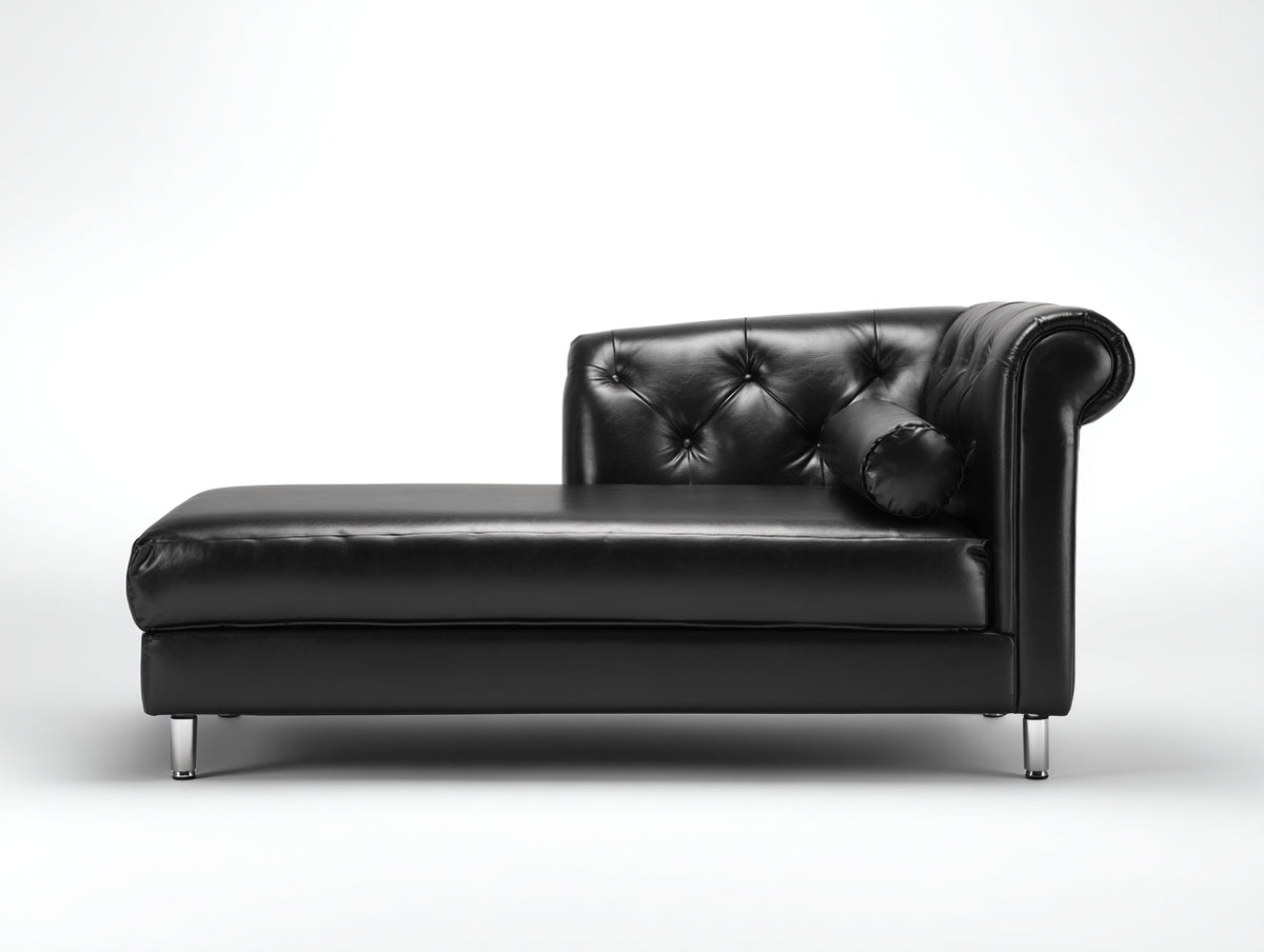 Chaise longue - cuir-métal - 168x78x87 cm - noir-argenté - style Chesterfield moderne