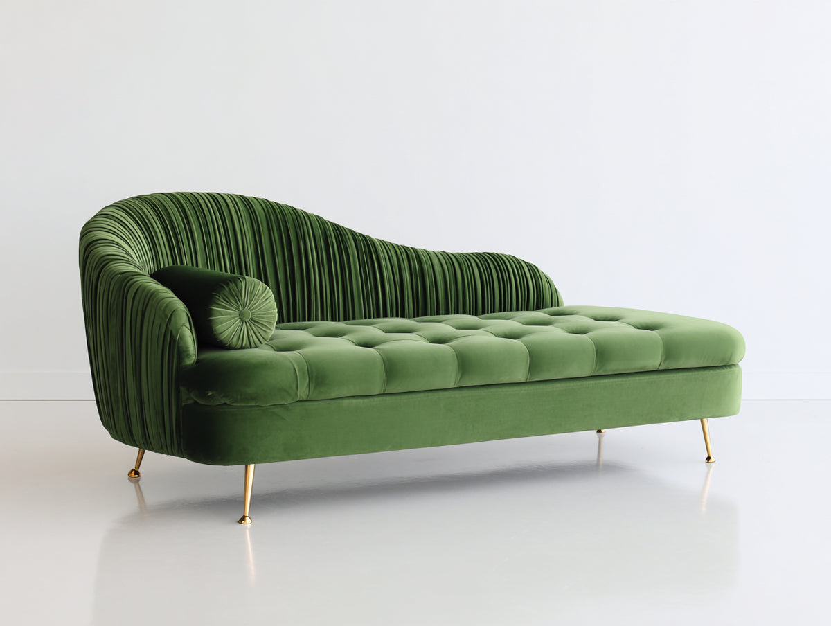 Chaise longue - velours-métal - 190x82x86 cm - vert olive-doré - style contemporain glamour