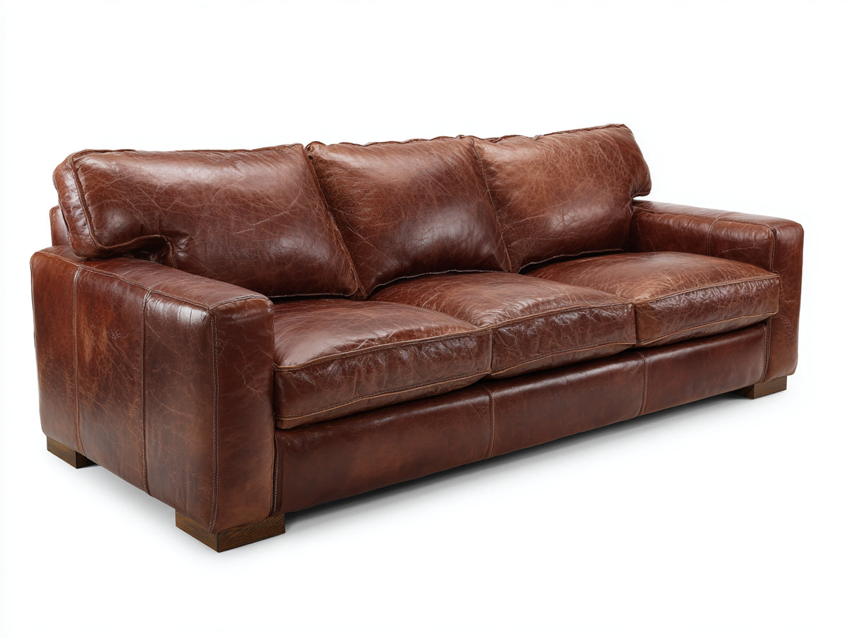 Canapé 3 places - Cuir - 219 x 99 x 89 cm - Marron vieilli - Style vintage