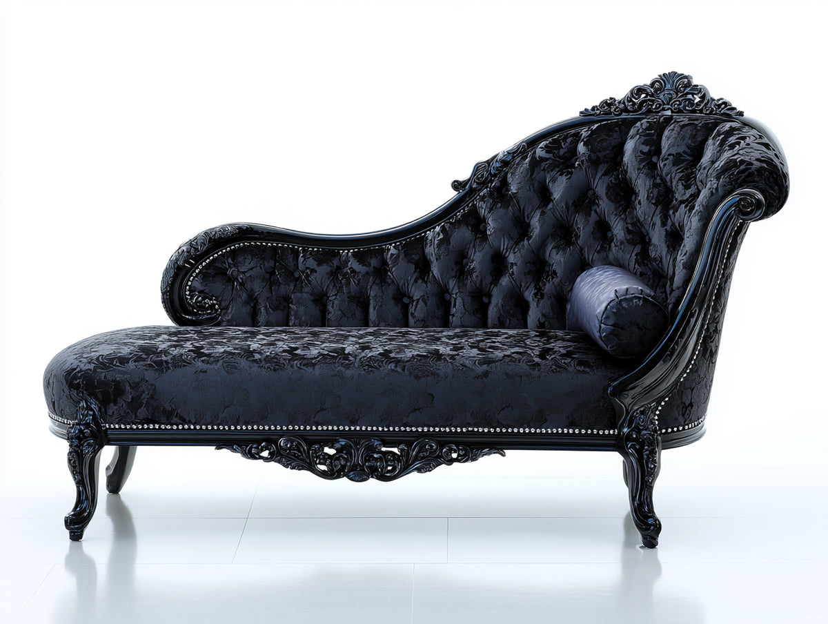 Chaise longue - velours-bois - 176x80x105 cm - noir profond-noir - style baroque gothique
