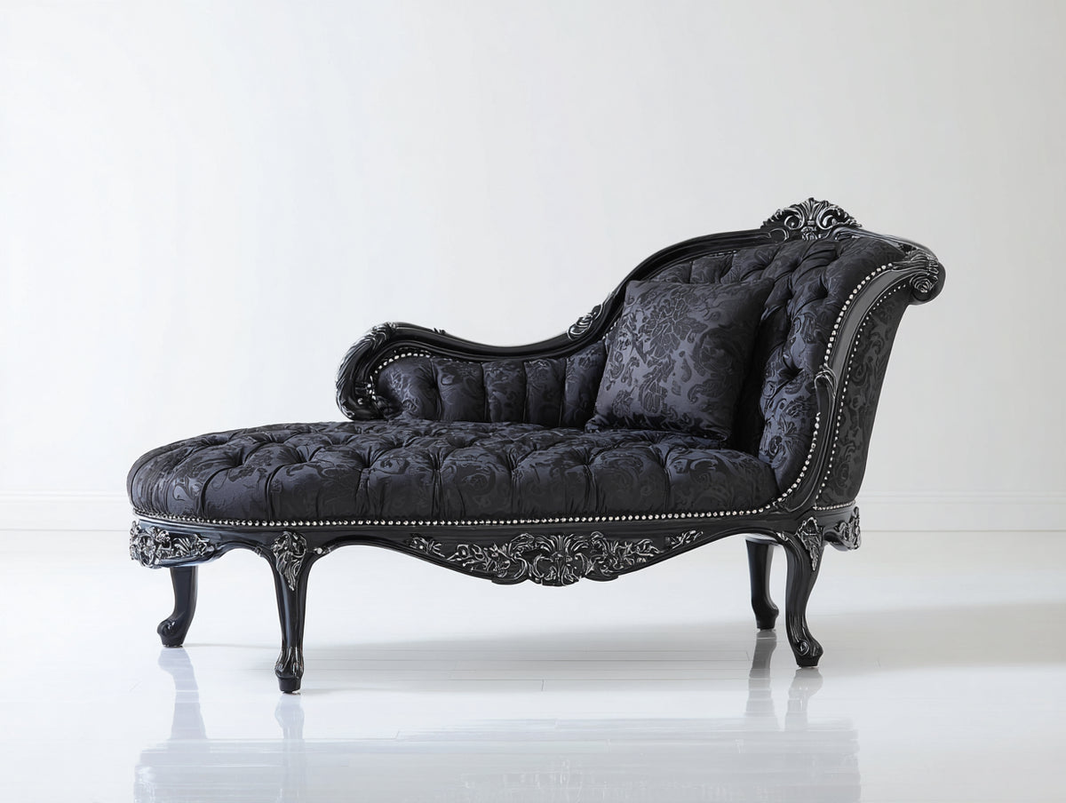Chaise longue - velours-bois - 178x76x104 cm - noir - style baroque classique